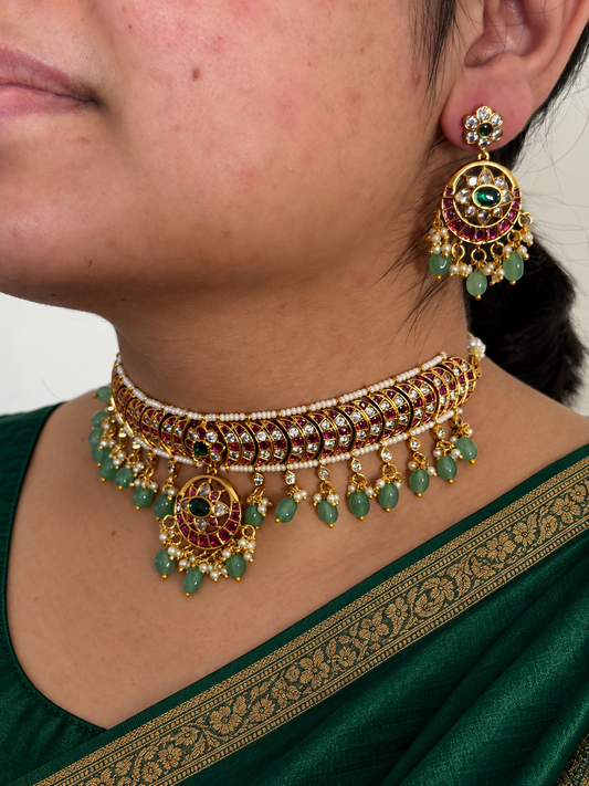 Kemp Crescent Choker Set with Mint Bead Fringe and Chaandbali Earrings