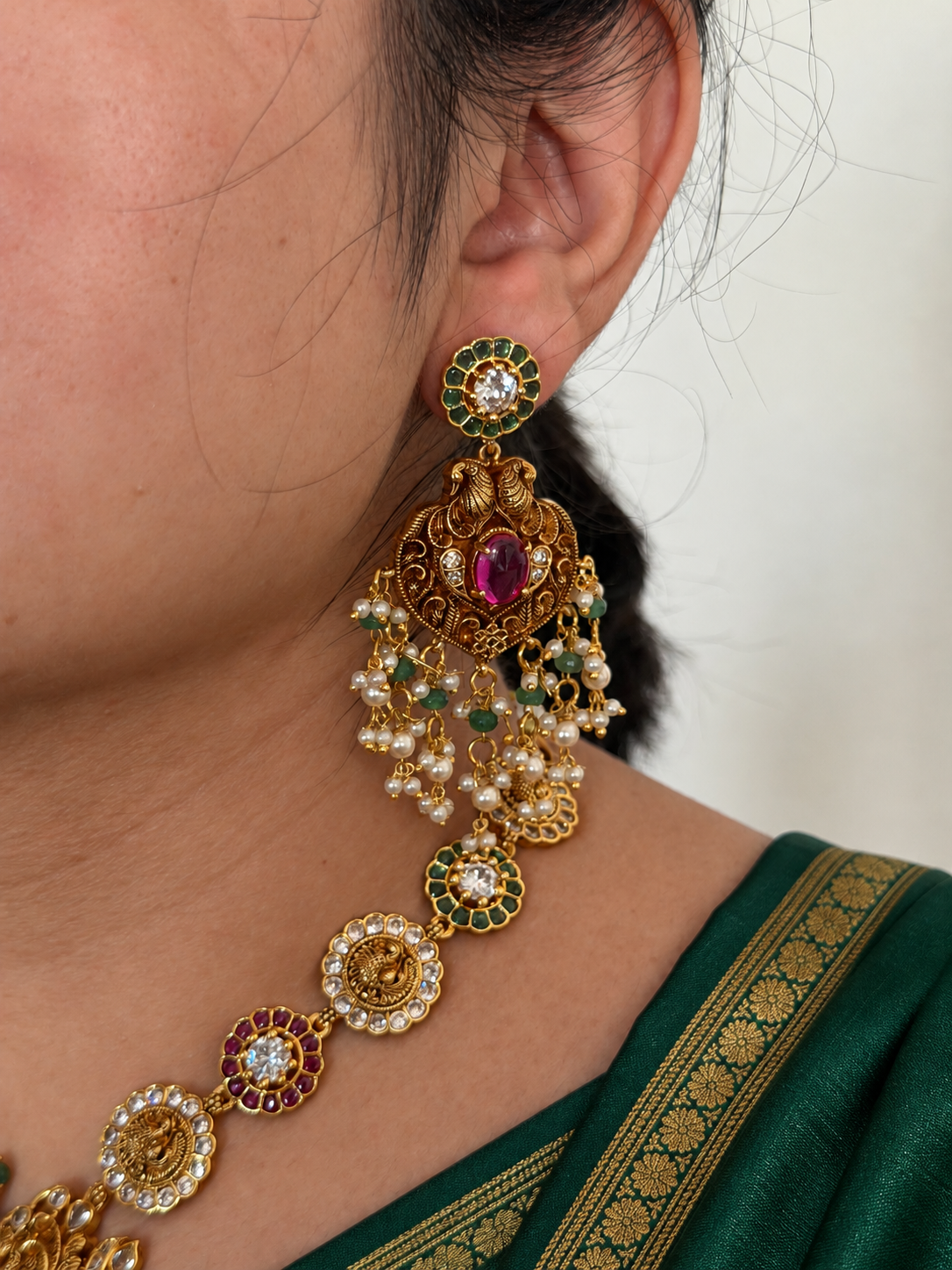 Nakshi Peacock Long Necklace Set with Ruby Centre Pendant, Pearl Drops and Earrings