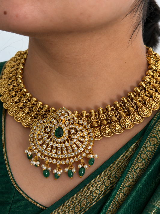 Nakshi Lakshmi Kasu Choker Set with Detachable CZ Emerald Pendant and Drop Earrings