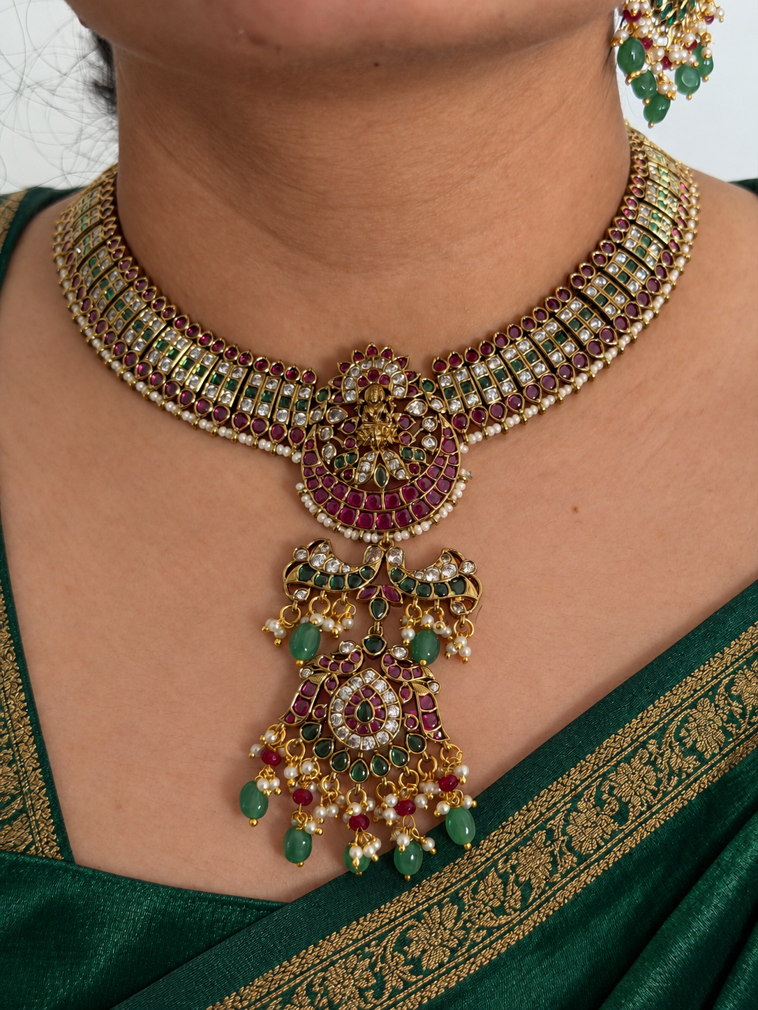 Kemp Lakshmi Choker Necklace Set with Layered Peacock Pendant and Dangler Earrings