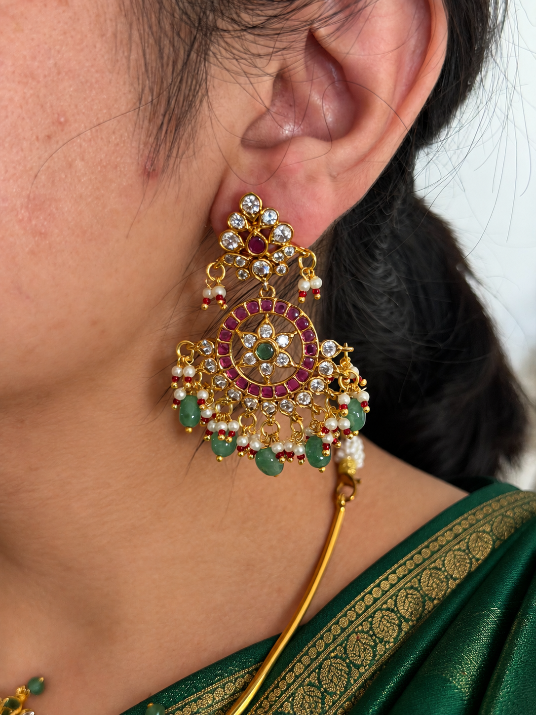 Kemp Hasli Necklace Set with Crescent Pendant and Emerald Bead Earrings