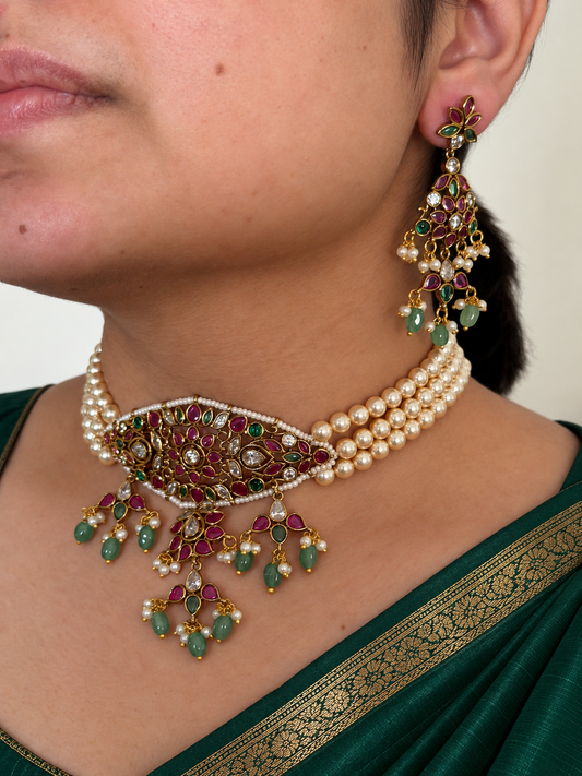 Kemp Statement Pendant Three-Strand Pearl Choker Set with Emerald Bead Drops