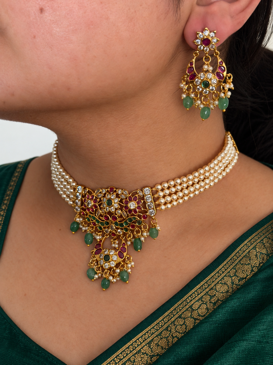 Kemp Chaandbali Pendant Four-Strand Pearl Choker Set with Emerald Beads