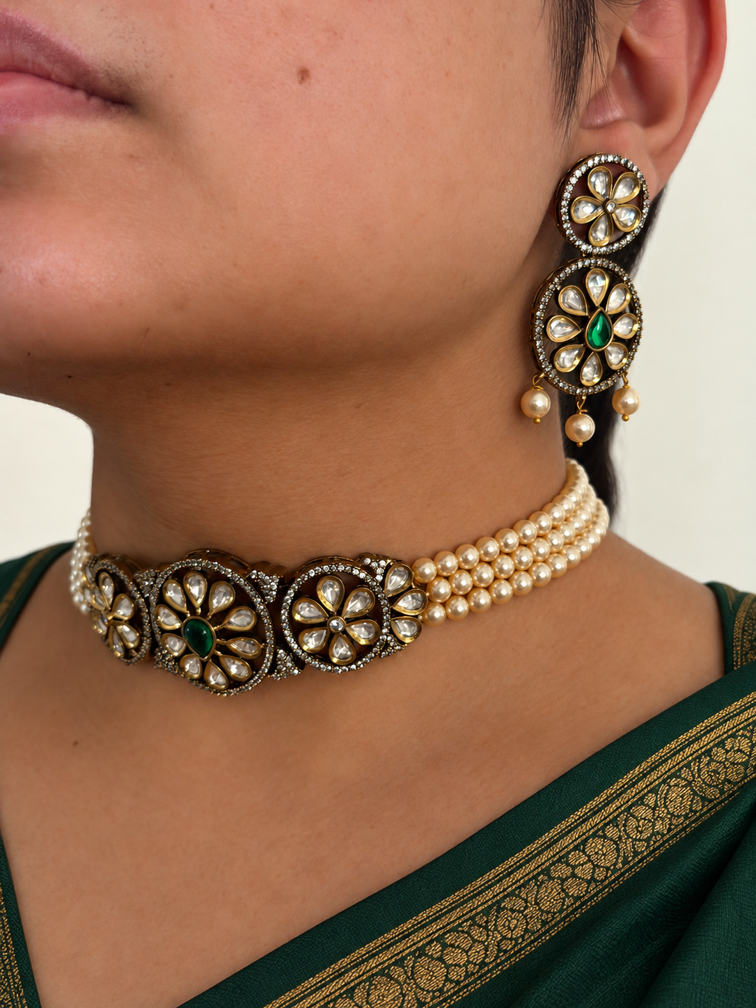 Victorian Kundan-Style Pearl Choker Set with Emerald Centre Stone and Round Earrings