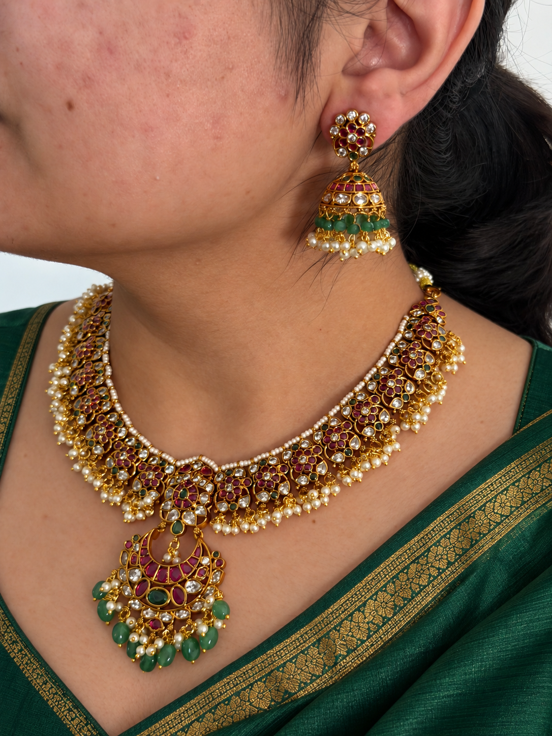 Kemp Pearl Cluster Necklace Set with Chaandbali Pendant and Jhumka Earrings