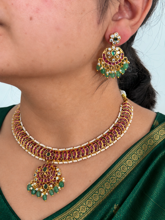 Kemp Crescent Short Necklace Set with Pearl Edge and Chaandbali Pendant