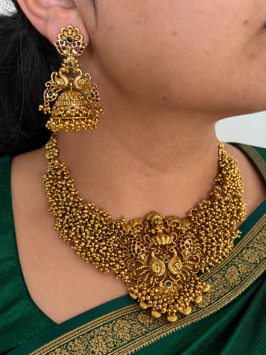 Nakshi Gold Bead Cluster Choker Set with Lakshmi Peacock Pendant and Jhumka Earrings