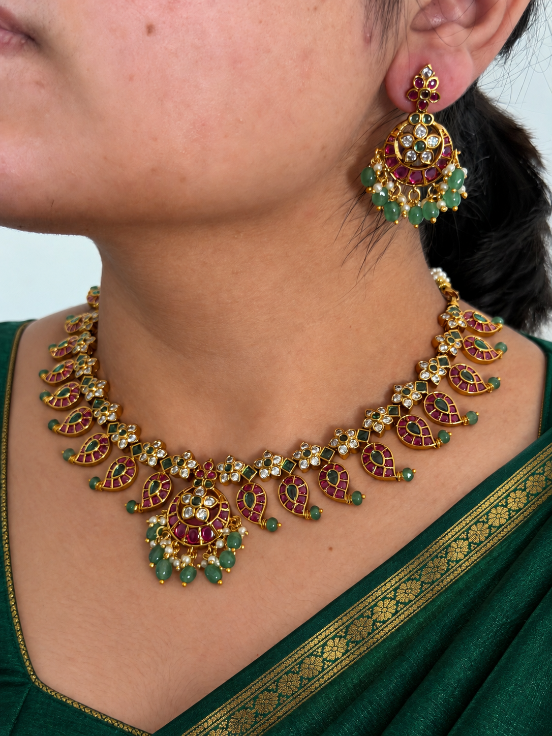 Kemp Mango Motif Necklace Set with Chaandbali Pendant and Emerald Bead Earrings