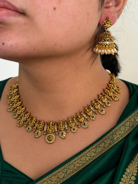 Nakshi Lakshmi Necklace Set with CZ Mango Motifs and Pearl Jhumka Earrings