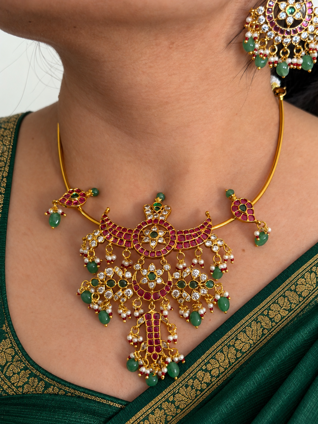Kemp Hasli Necklace Set with Crescent Pendant and Emerald Bead Earrings