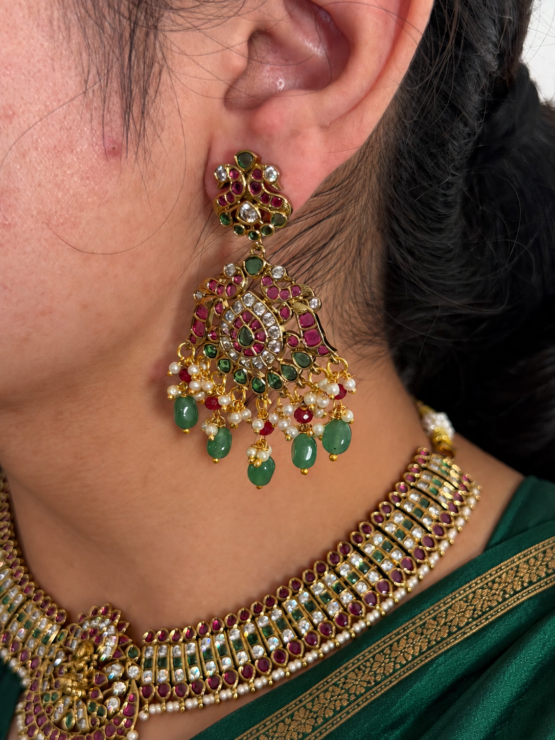 Kemp Lakshmi Choker Necklace Set with Layered Peacock Pendant and Dangler Earrings