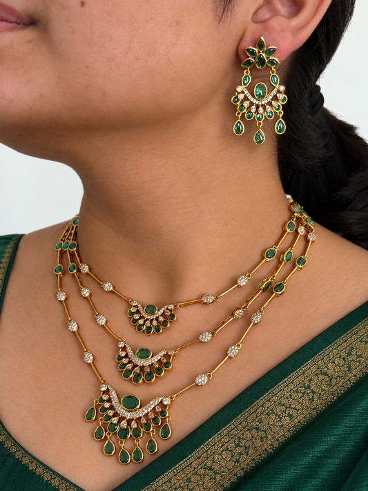 Emerald Green Layered Long Necklace Set with CZ Accents and Drop Earrings