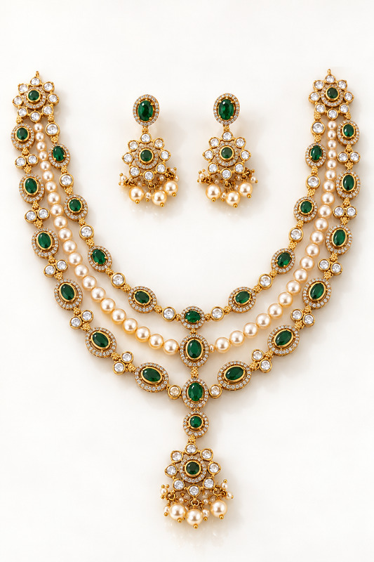 Emerald Pearl Multi-Strand Necklace Set with Drop Earrings