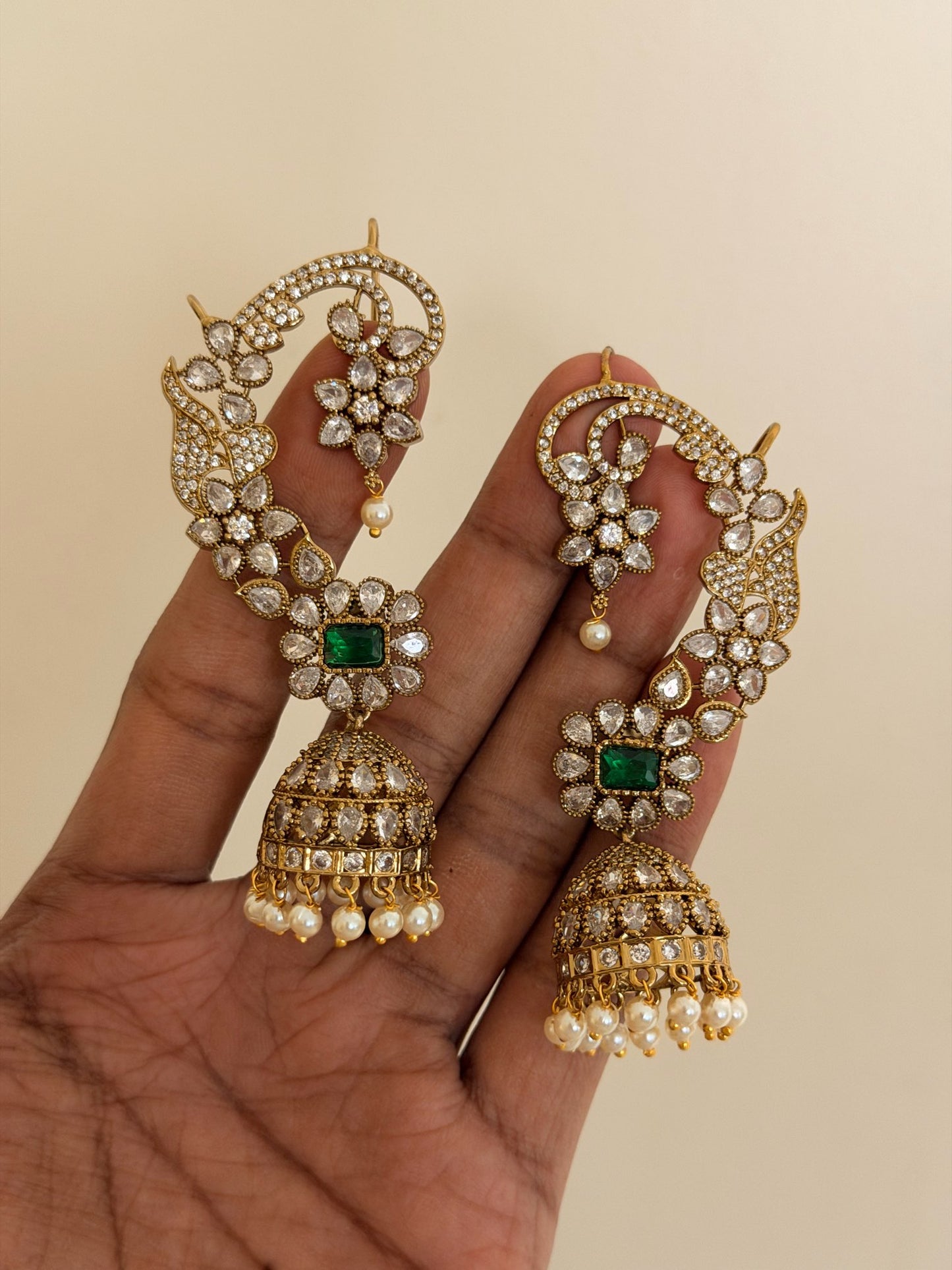 Moissanite Floral Earcuff Jhumka Earrings with Pearls (Ruby & Green)