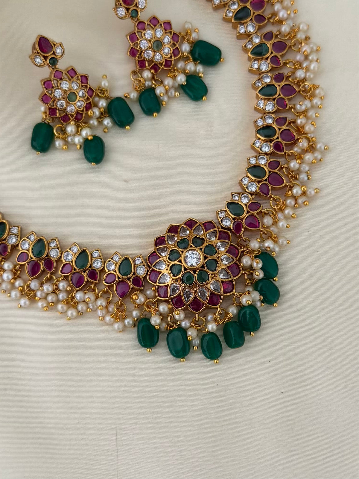 Kemp Lotus Pendant Necklace Set with Pearl Clusters and Emerald Beads