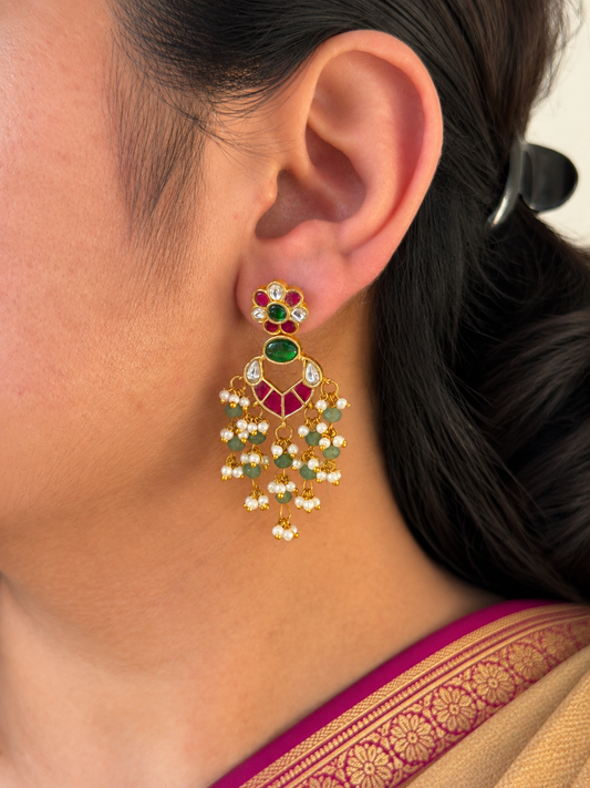 Jadau Kundan Emerald Chandbali Earrings with Pearl Tassels