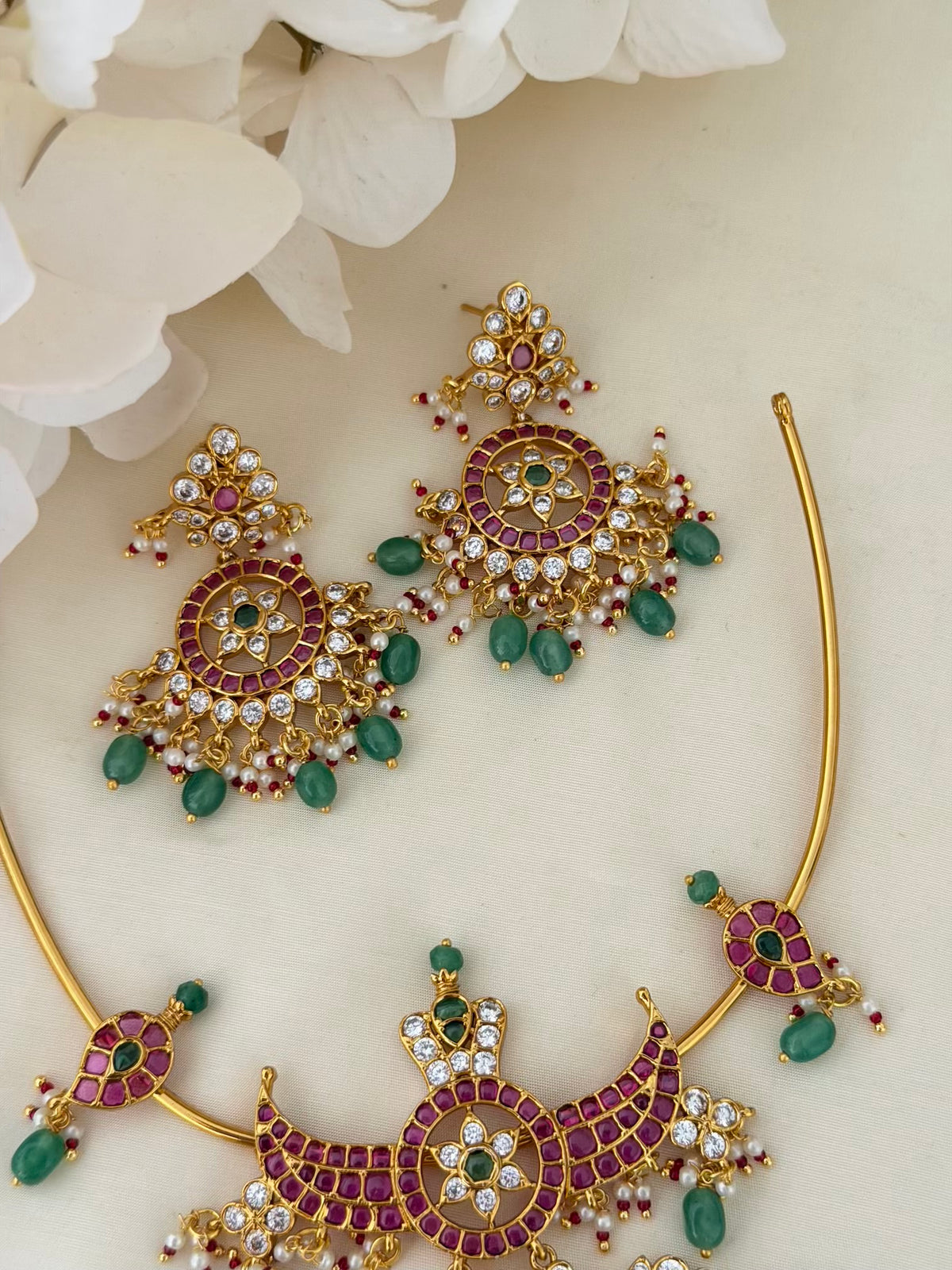Kemp Hasli Necklace Set with Crescent Pendant and Emerald Bead Earrings