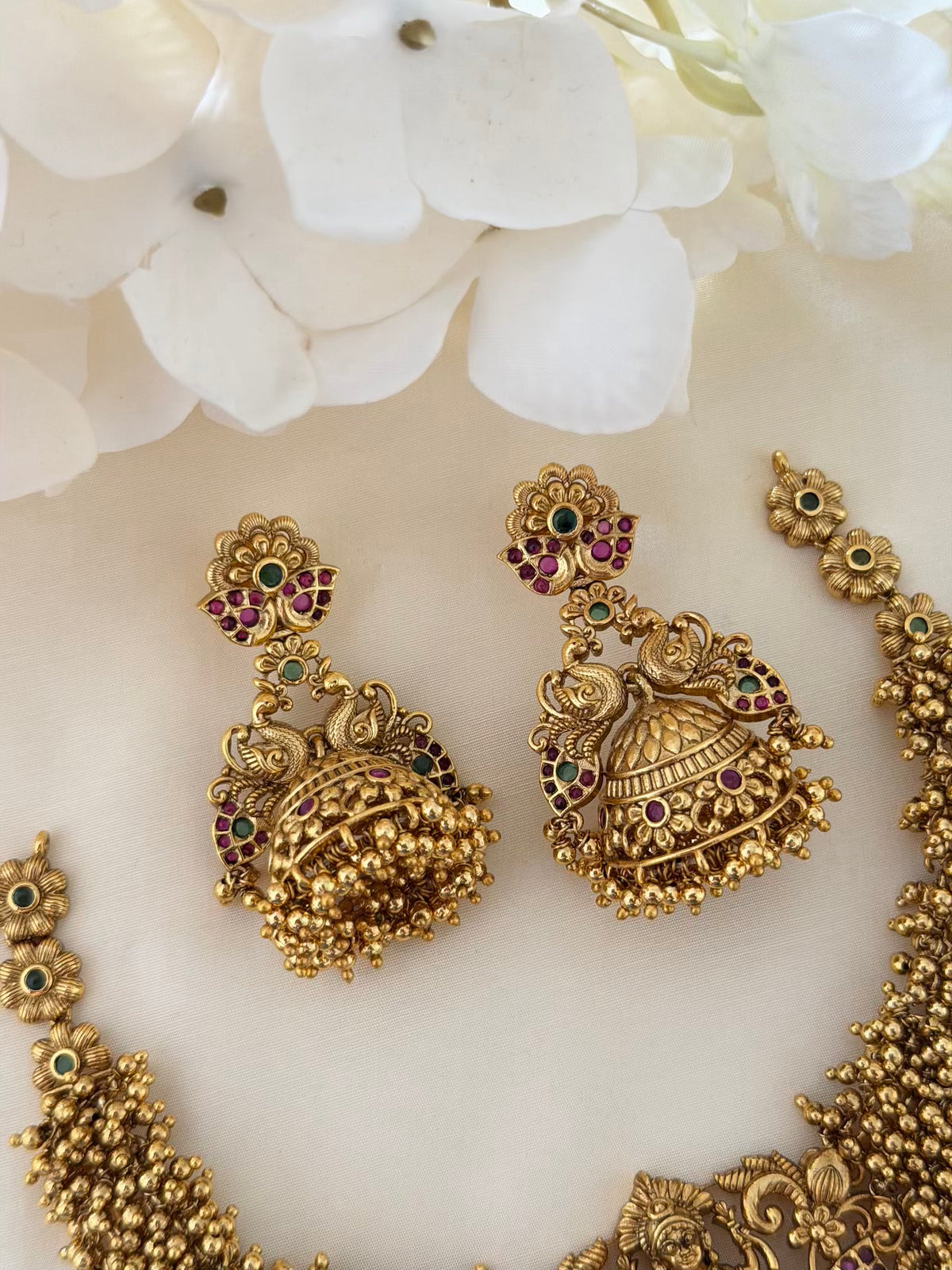 Nakshi Gold Bead Cluster Choker Set with Lakshmi Peacock Pendant and Jhumka Earrings