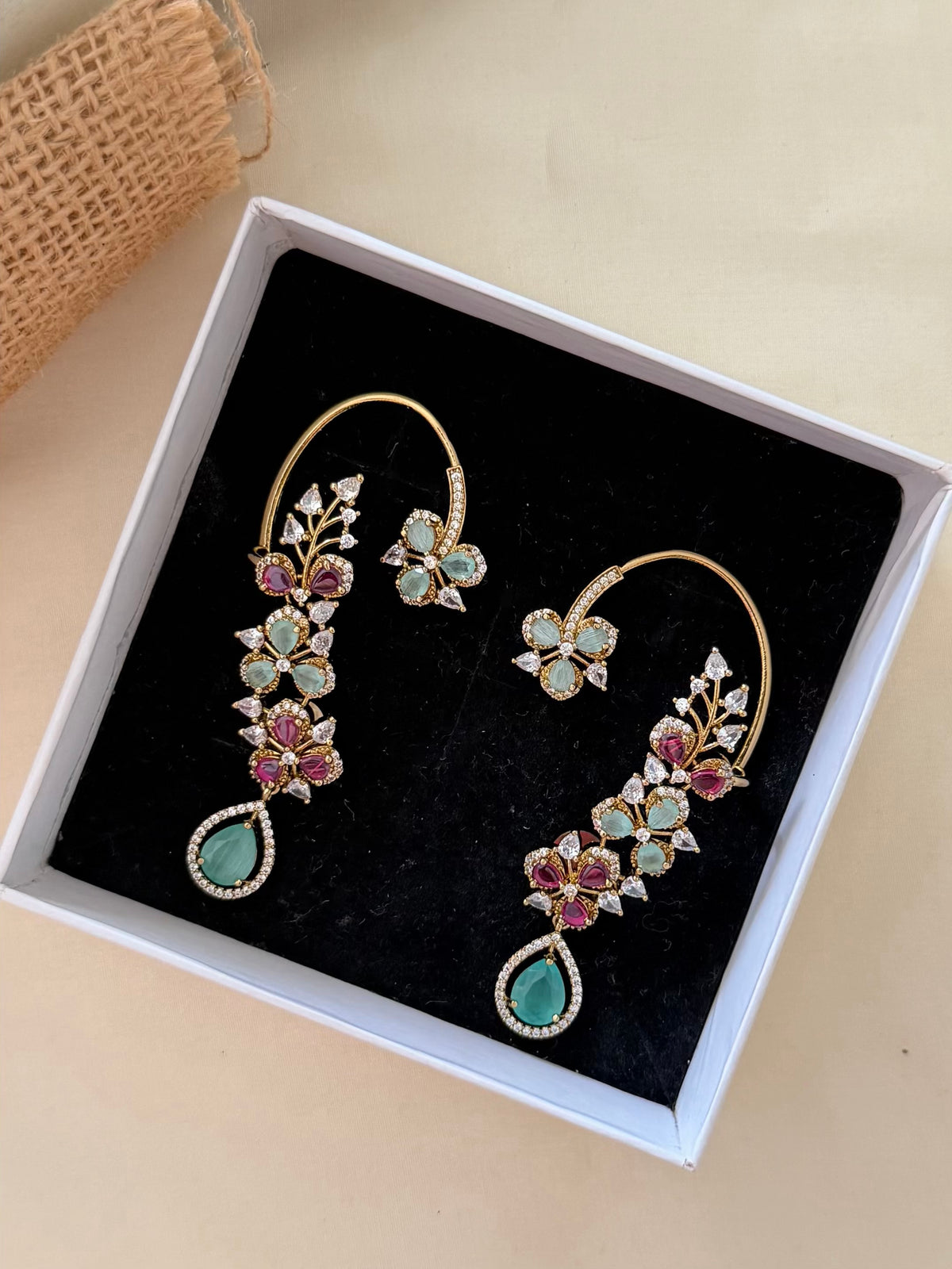 Floral Vine Ear Cuff Earrings with CZ Stones and Teardrop Drop