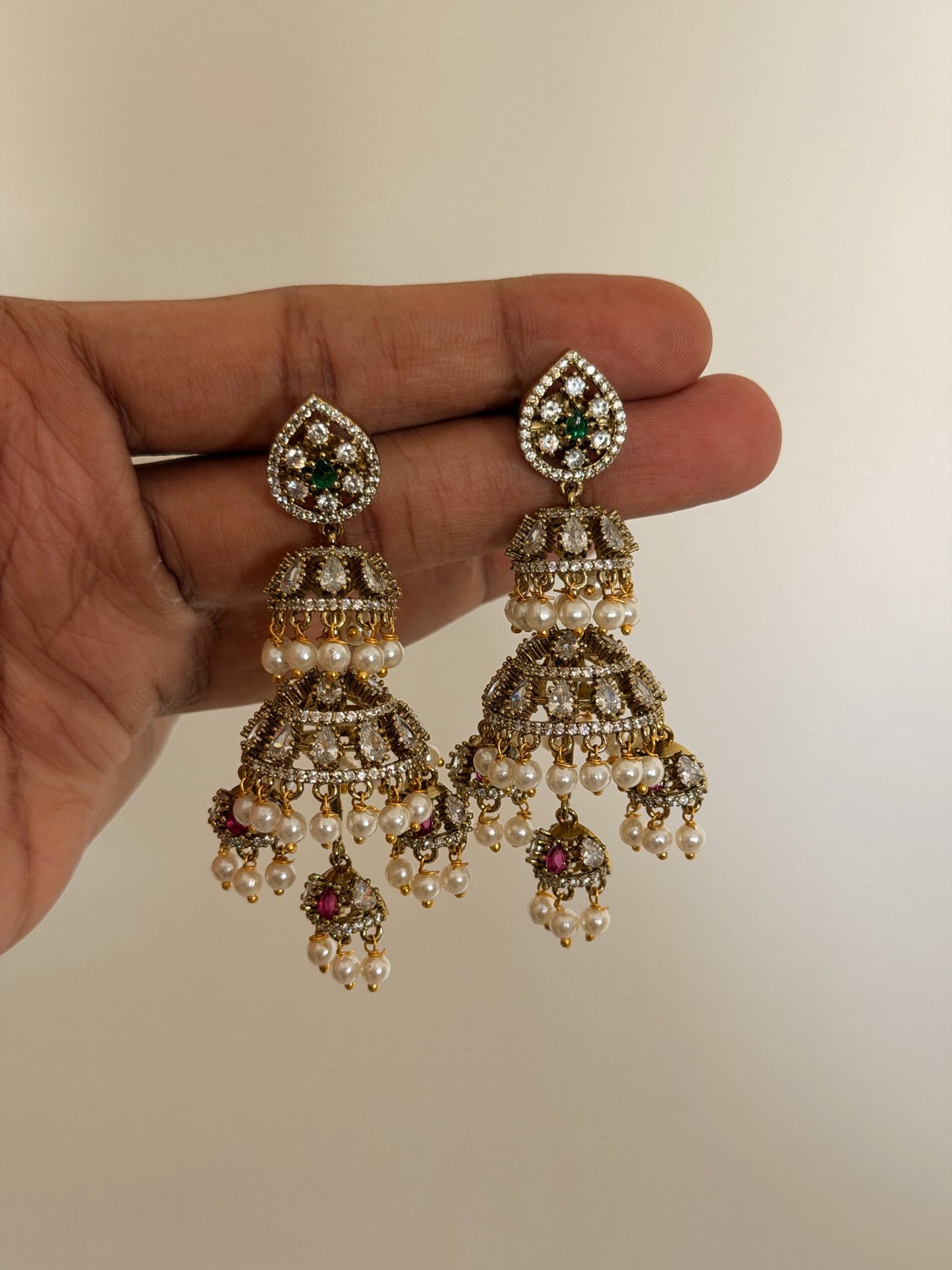 Double-Layered Pearl Moissonite Jhumka Earrings