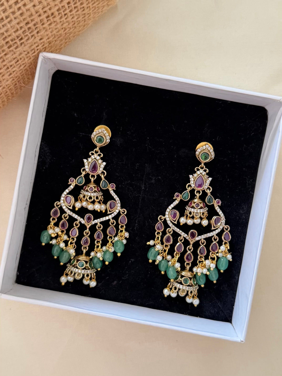 Ruby Teardrop Chandelier Earrings with Peacock Arch and Mini Jhumkas and Mint Green Bead Drops