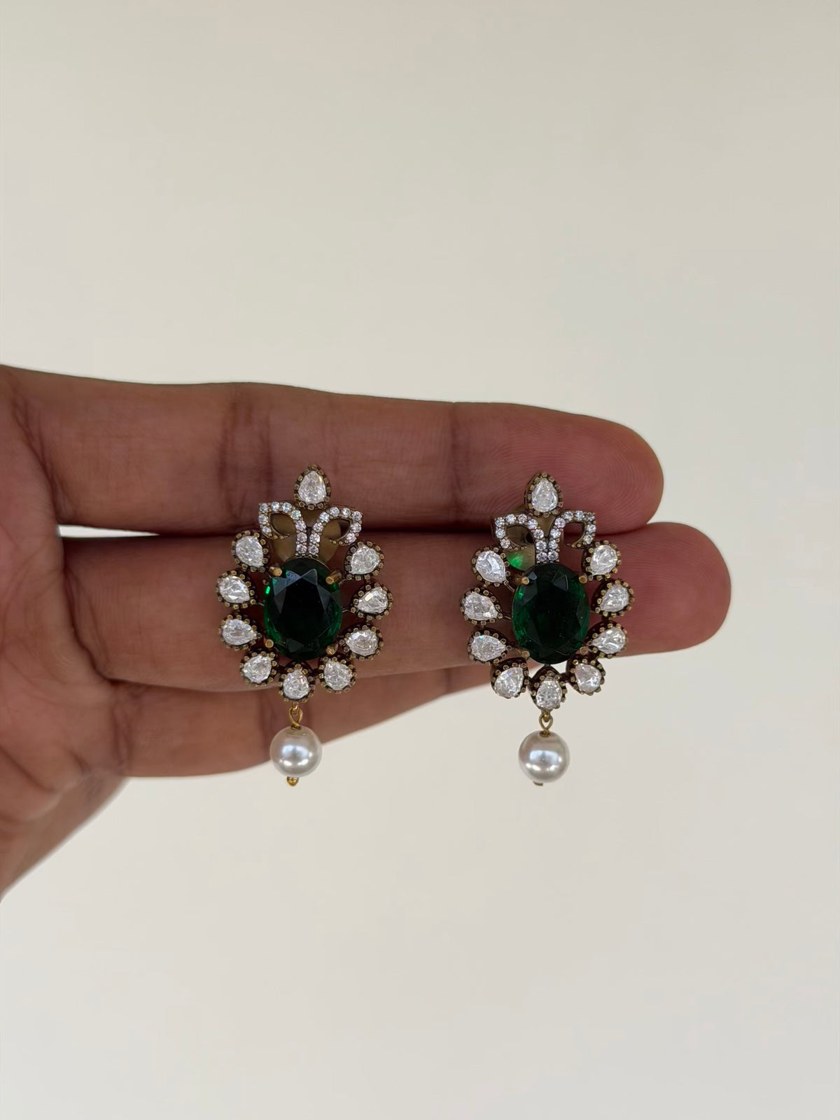 Victorian Emerald Oval Stud Earrings with Zircon Petals and Pearl Drop