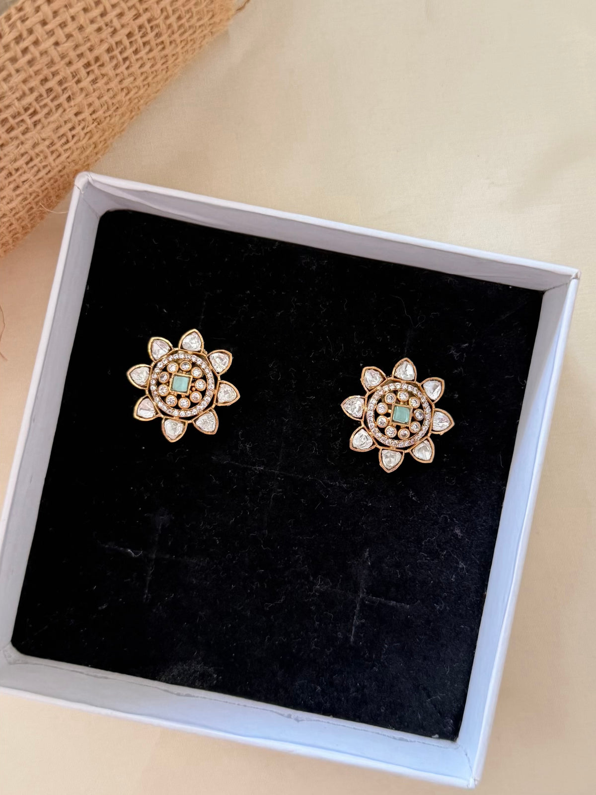 Moissanite Floral Stud Earrings with Square Centre Stone and Round Stone Halo