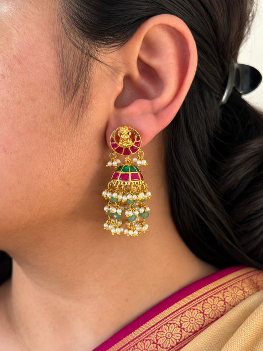 Jadau Kundan Lakshmi Jhumka Earrings with Emerald Fringe