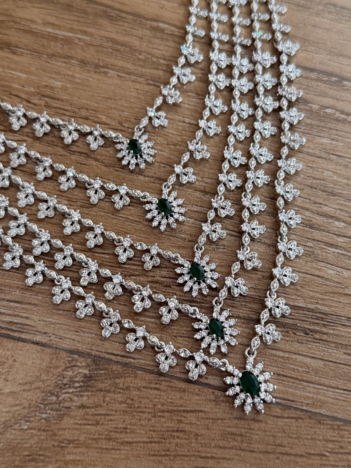 Majestic 5-Layer Emerald & CZ Silver-Finish Necklace Set