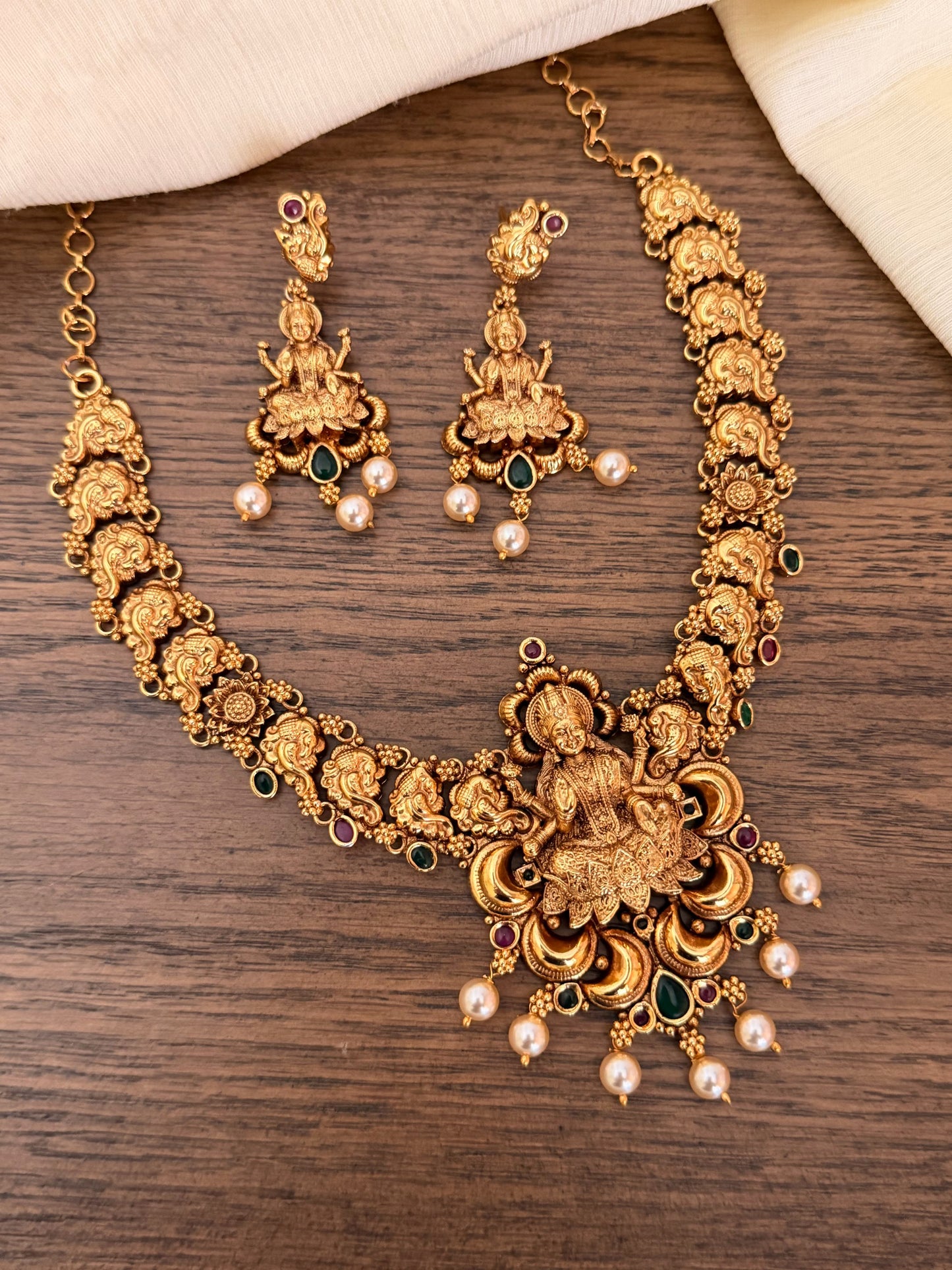 Antique Gold Look Temple Jewelry Set - Goddess Lakshmi Pendant with Pearl Accents