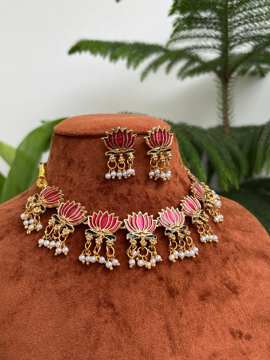 Red Lotus Choker Necklace Set with Pearls | Hand-Painted Meenakari | Antique Gold Finish