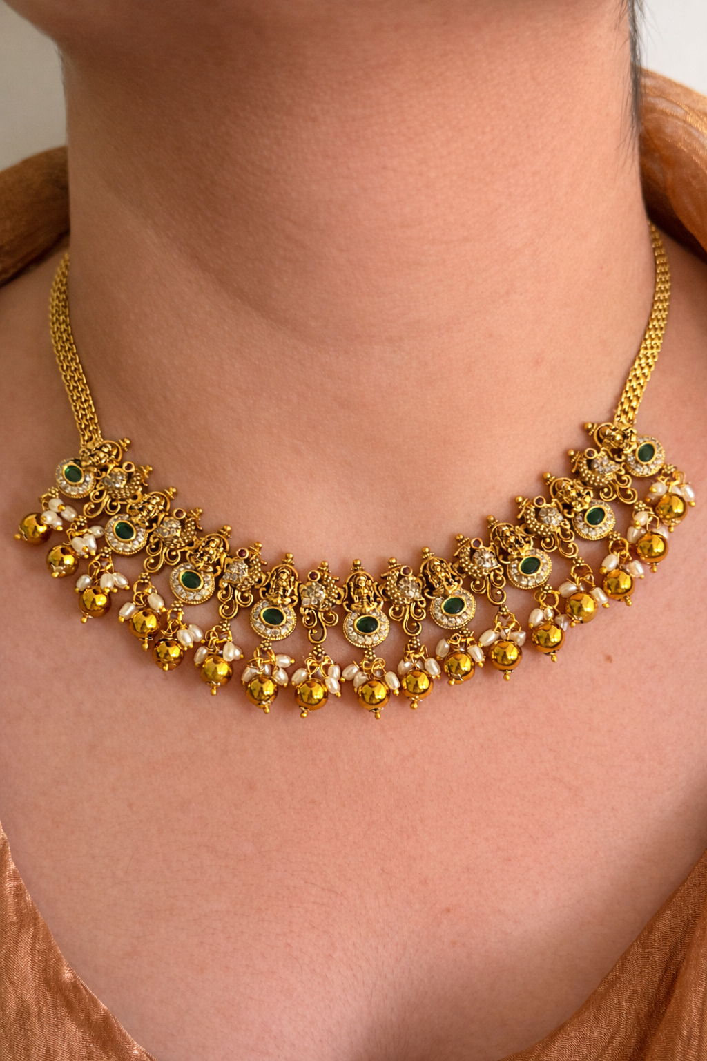 Lakshmi Temple Choker Necklace Set with Earrings – Available in Golden, Green & Pink | Traditional South Indian Jewelry