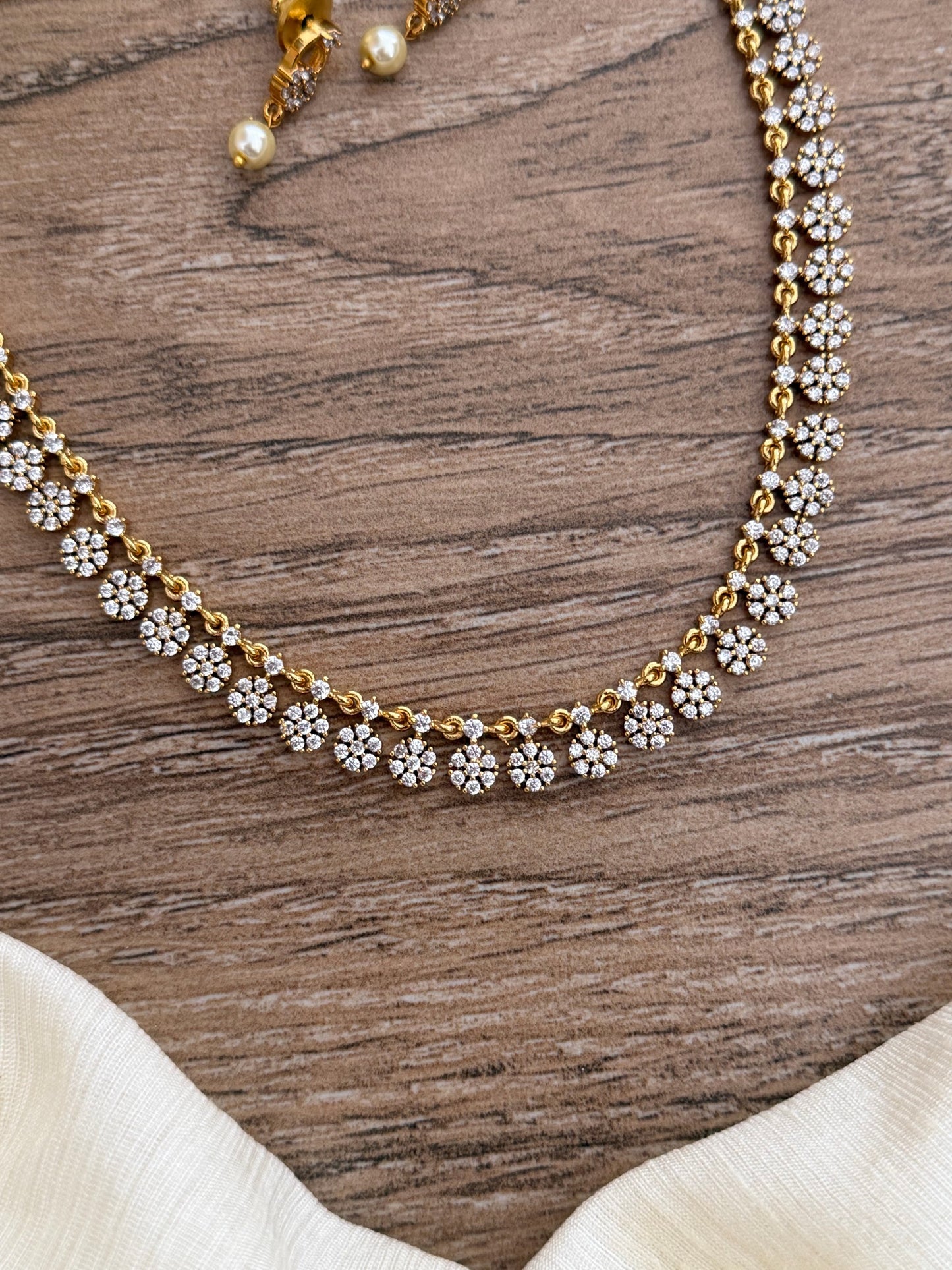 Delicate American Diamond Floral Necklace Set with Pearl Drop Earrings