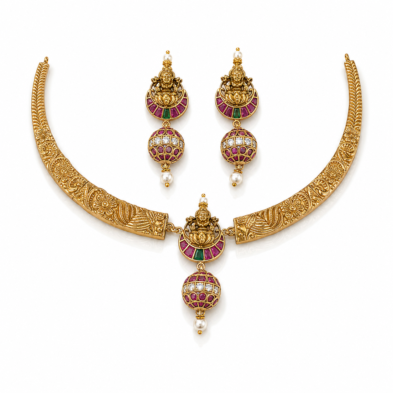 Floral Ball Drop Hasli Necklace Set with Matching Earrings