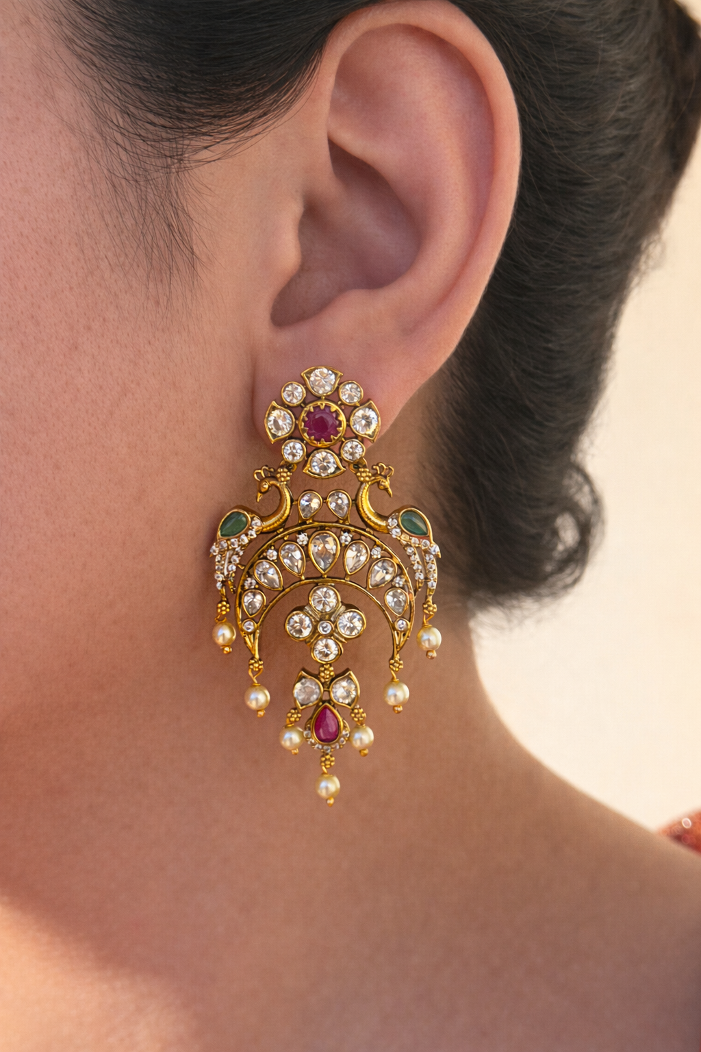 Peacock Motif Polki Style Chaandbali Earrings with Pearl Drops (Multi/Green)