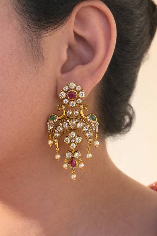 Peacock Motif Polki Style Chaandbali Earrings with Pearl Drops (Multi/Green)