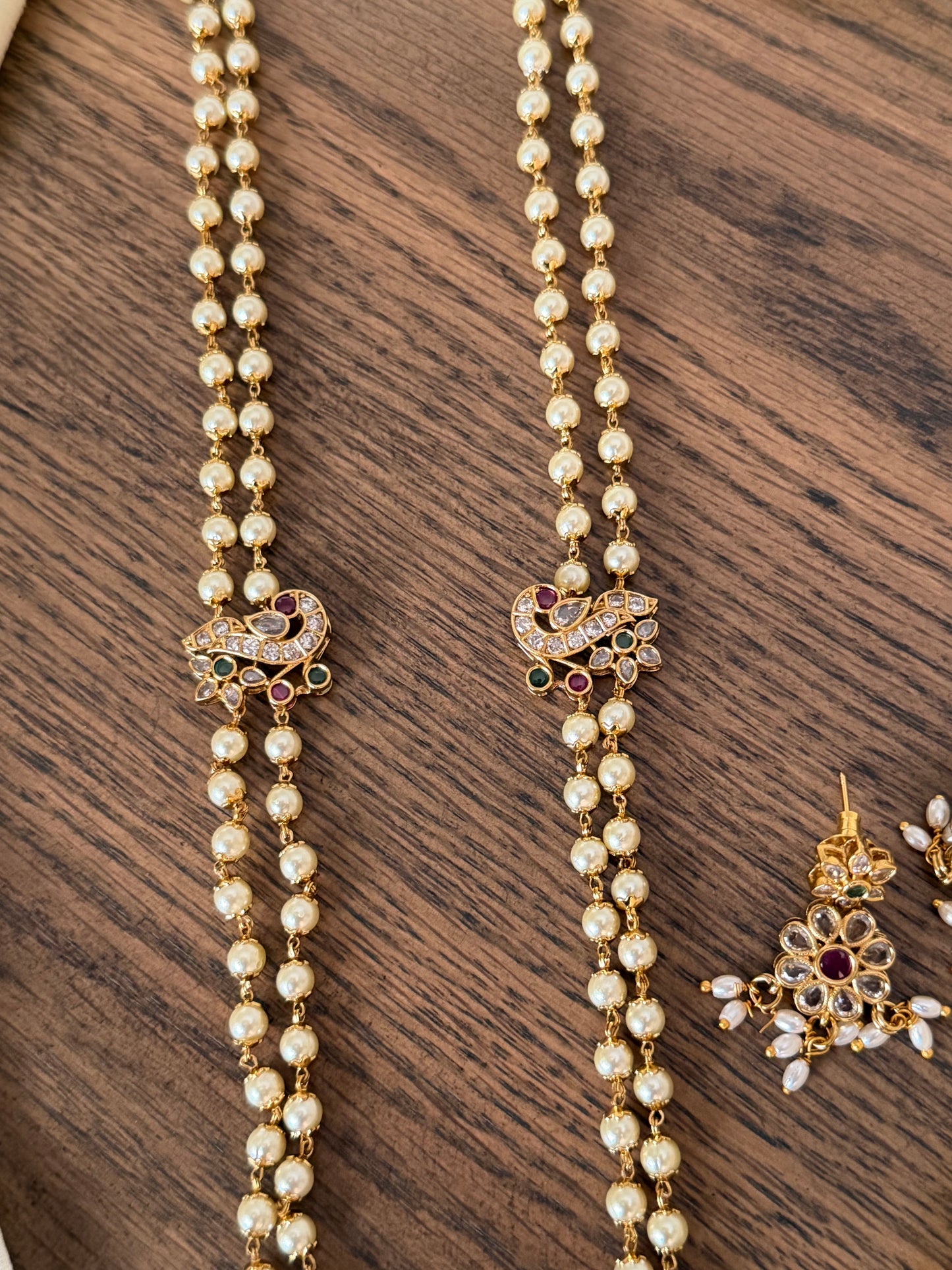 Traditional Kemp and Pearl Long Haram Necklace Set