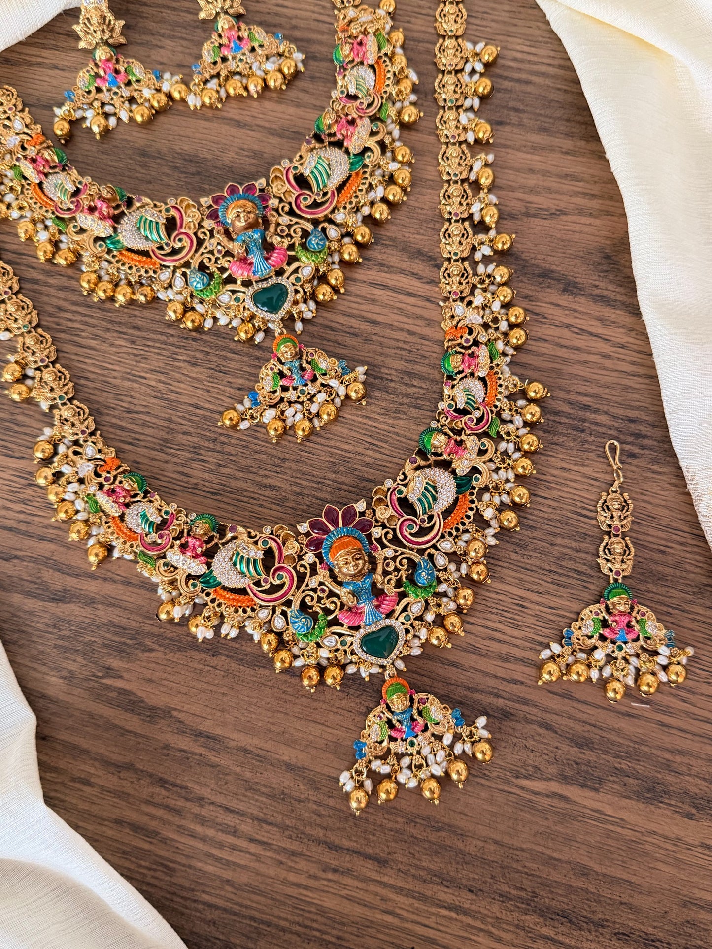 Hand painted Nakshi Temple Jewellery Set with Antique Gold Finish