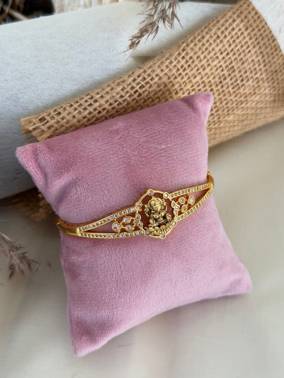 Lakshmi Leaf Frame Openable Kada Bracelet with Zircon Borders