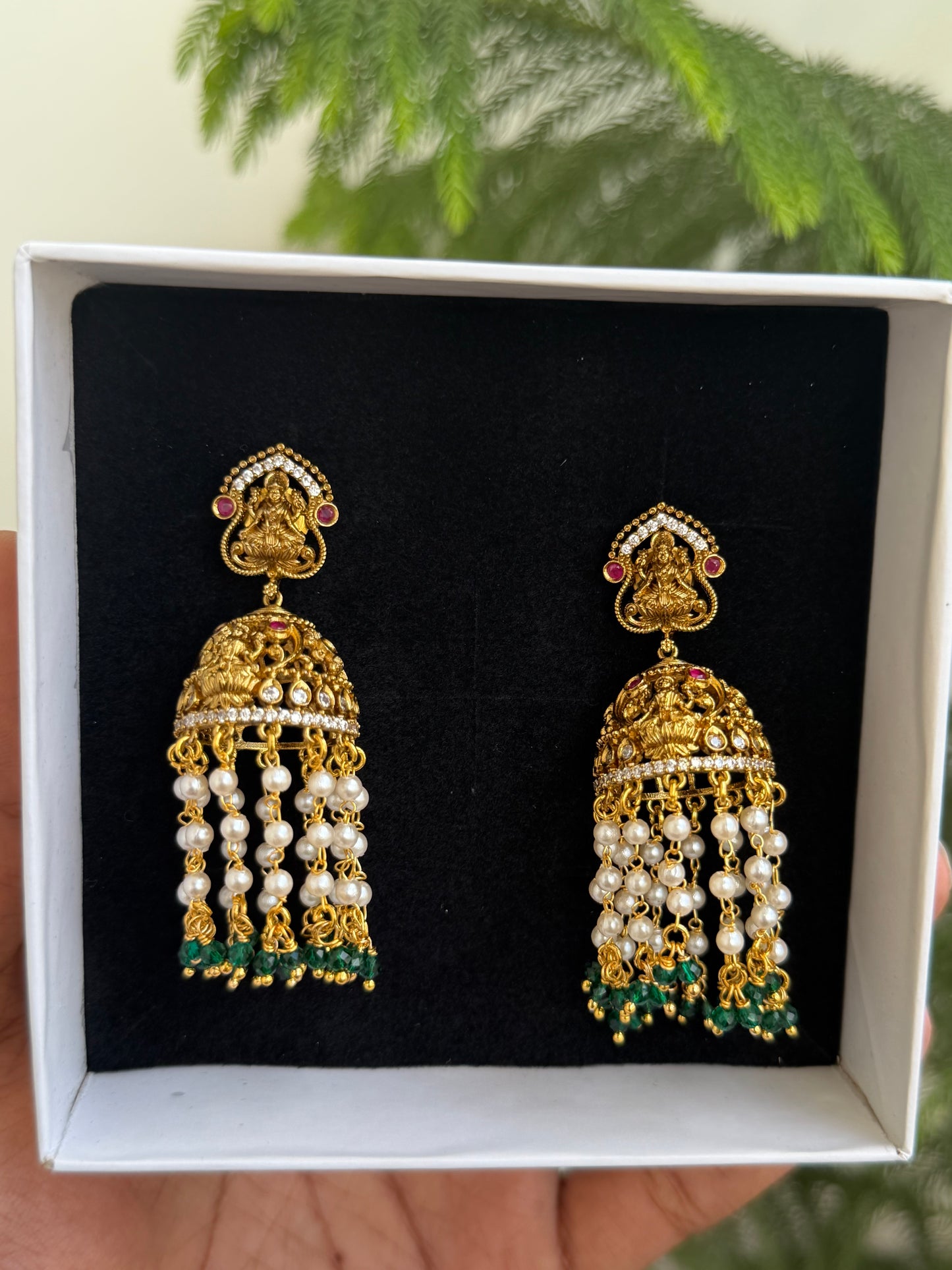 Antique Gold Lakshmi Temple Jhumkas with Pearl & Emerald Tassel Drops