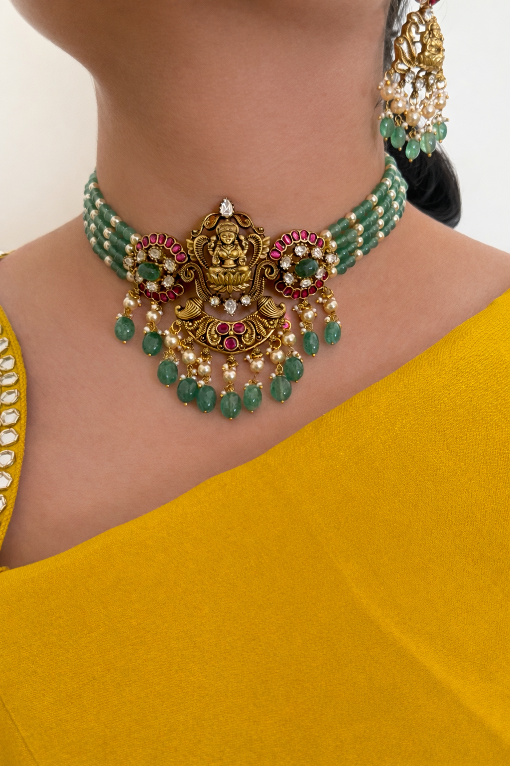 Lakshmi Emerald Bead Choker Necklace Set