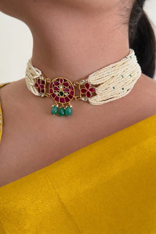 Pearl Strand Ruby Kundan Pendant Choker