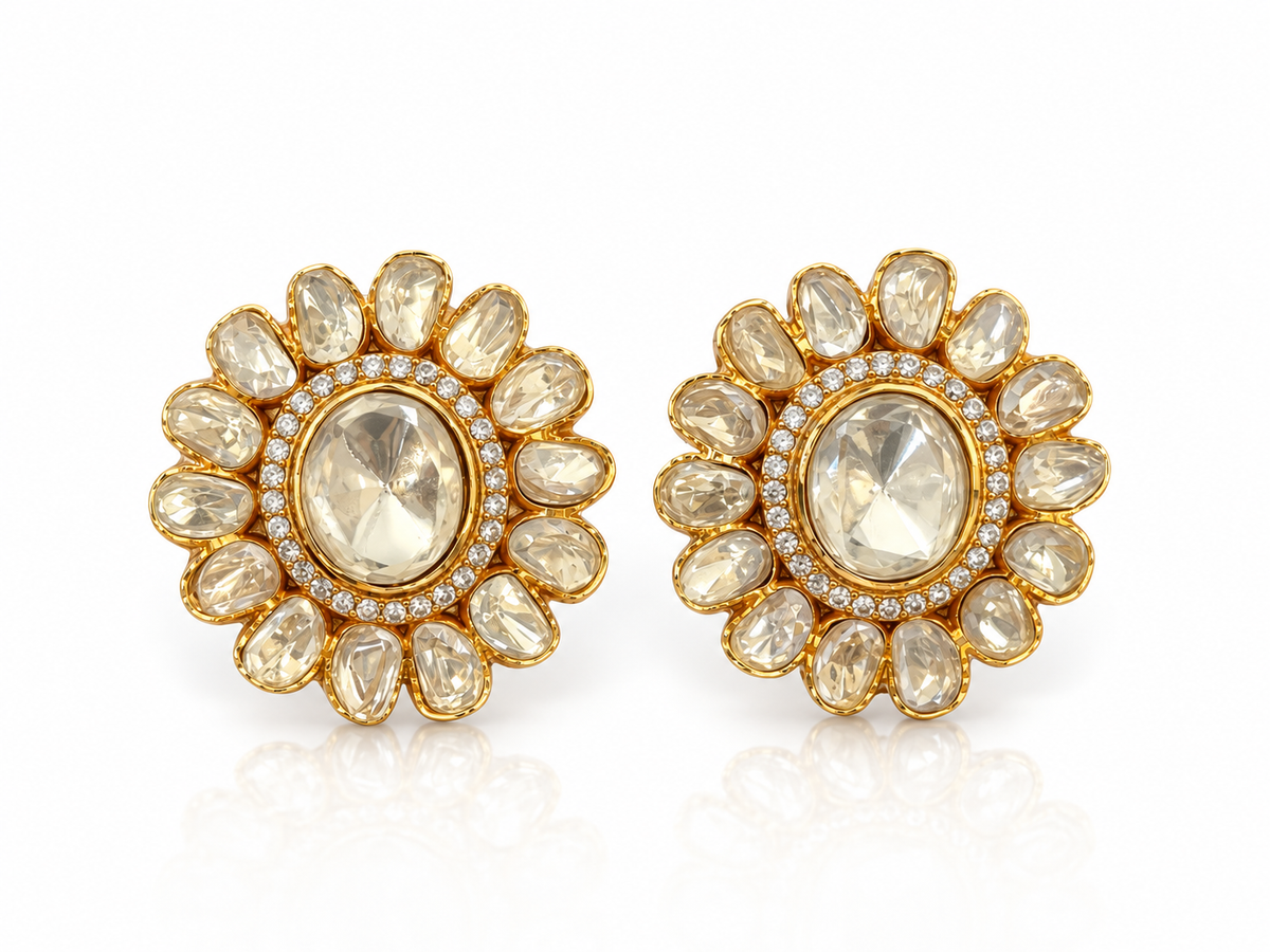 Kundan Polki Floral Halo Stud Earrings