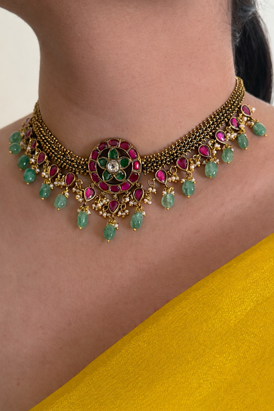 Ruby Jadau Kundan Emerald Drop Gold Chain Choker
