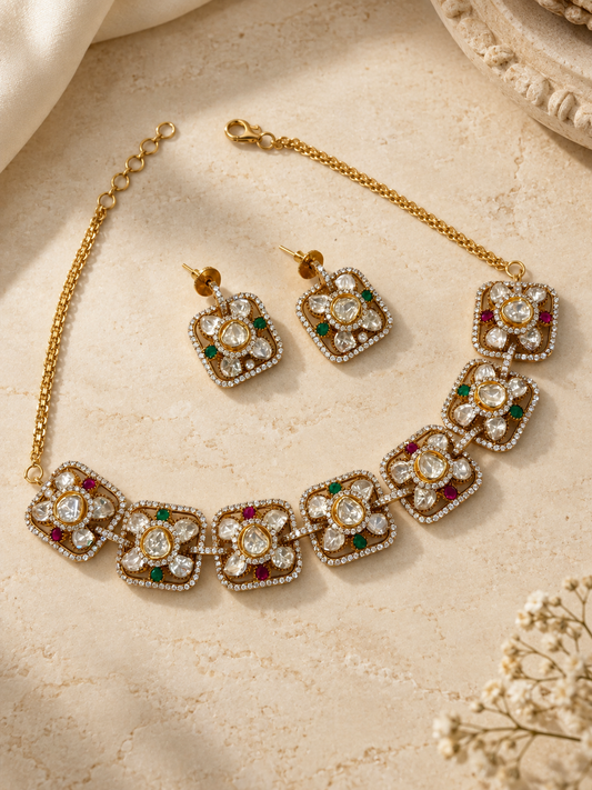 Floral Kundan Link Necklace Set with Ruby & Emerald Accents