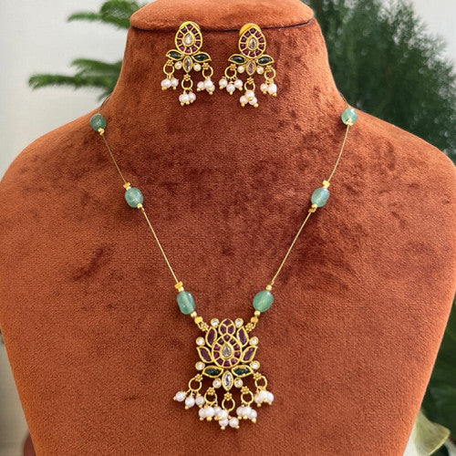 Kemp Stone Lotus Pendant Invisible Chain Set with earrings
