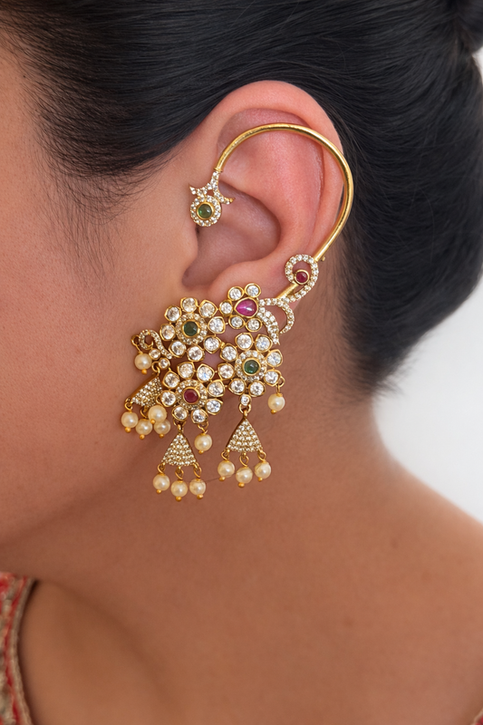 Gold Finish Floral Ear Cuff Earrings with AD Stones & Pearls
