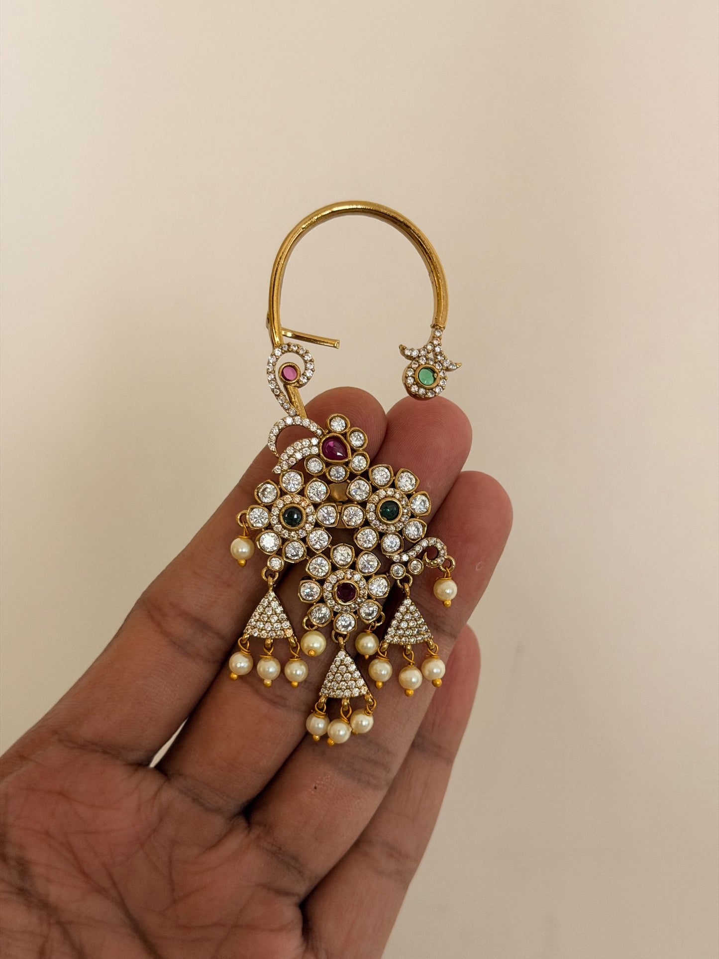 Gold Finish Floral Ear Cuff Earrings with AD Stones & Pearls