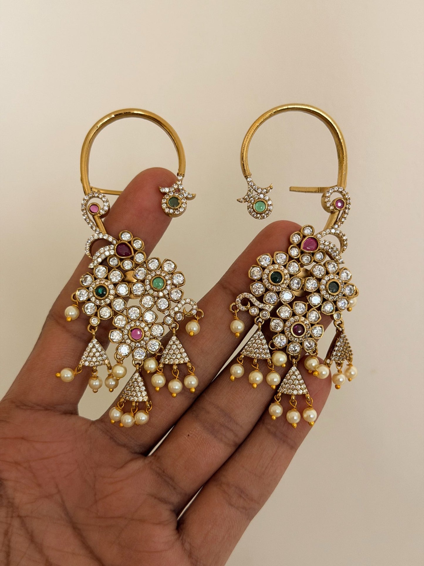 Gold Finish Floral Ear Cuff Earrings with AD Stones & Pearls