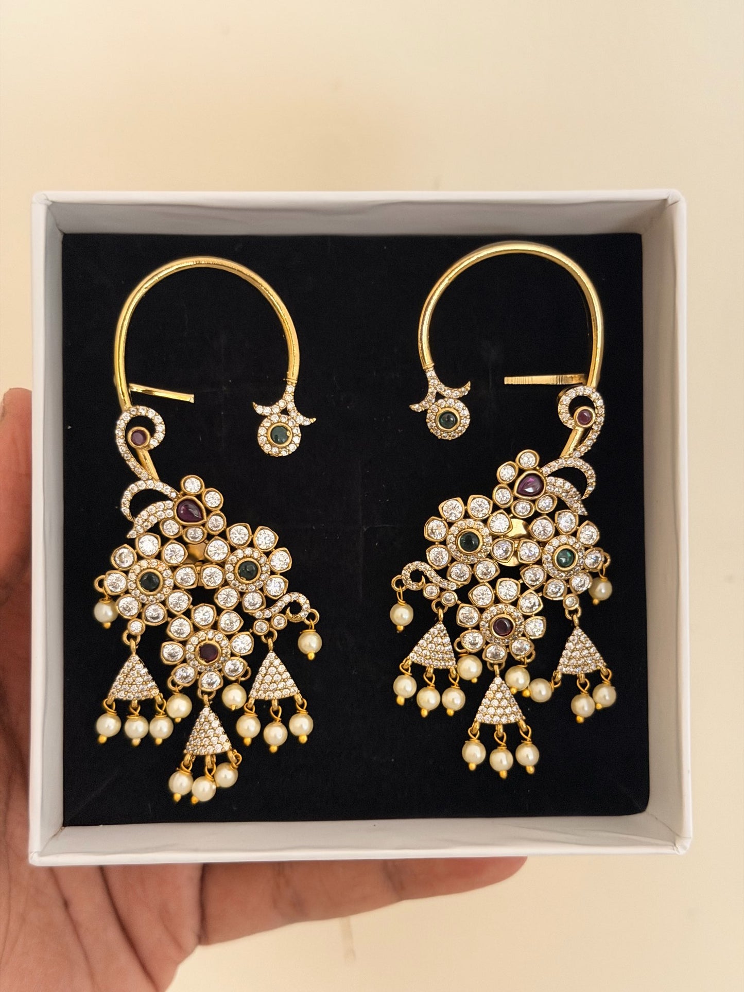 Gold Finish Floral Ear Cuff Earrings with AD Stones & Pearls
